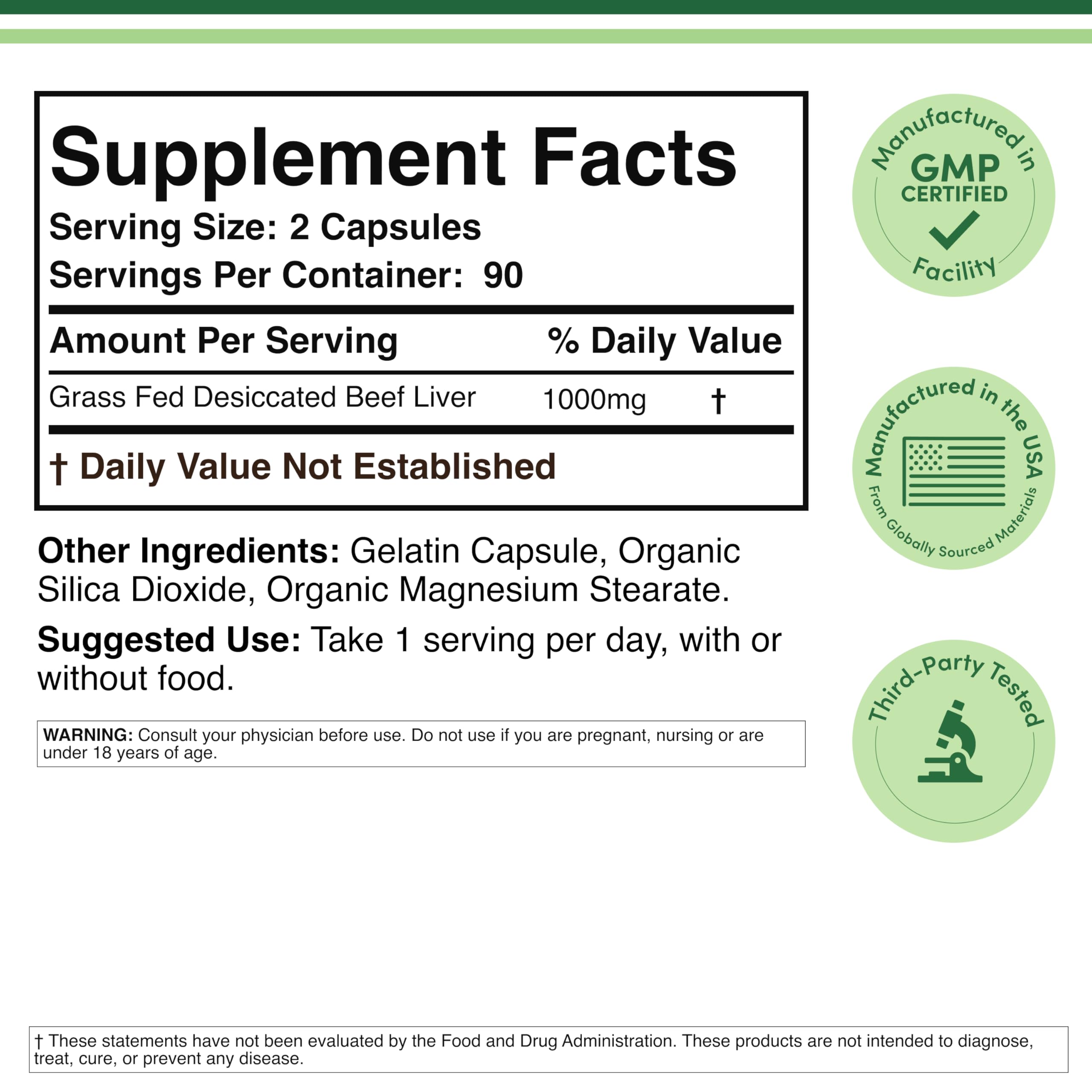 Double Wood Supplements Beef Liver 1000mg supplement facts label
