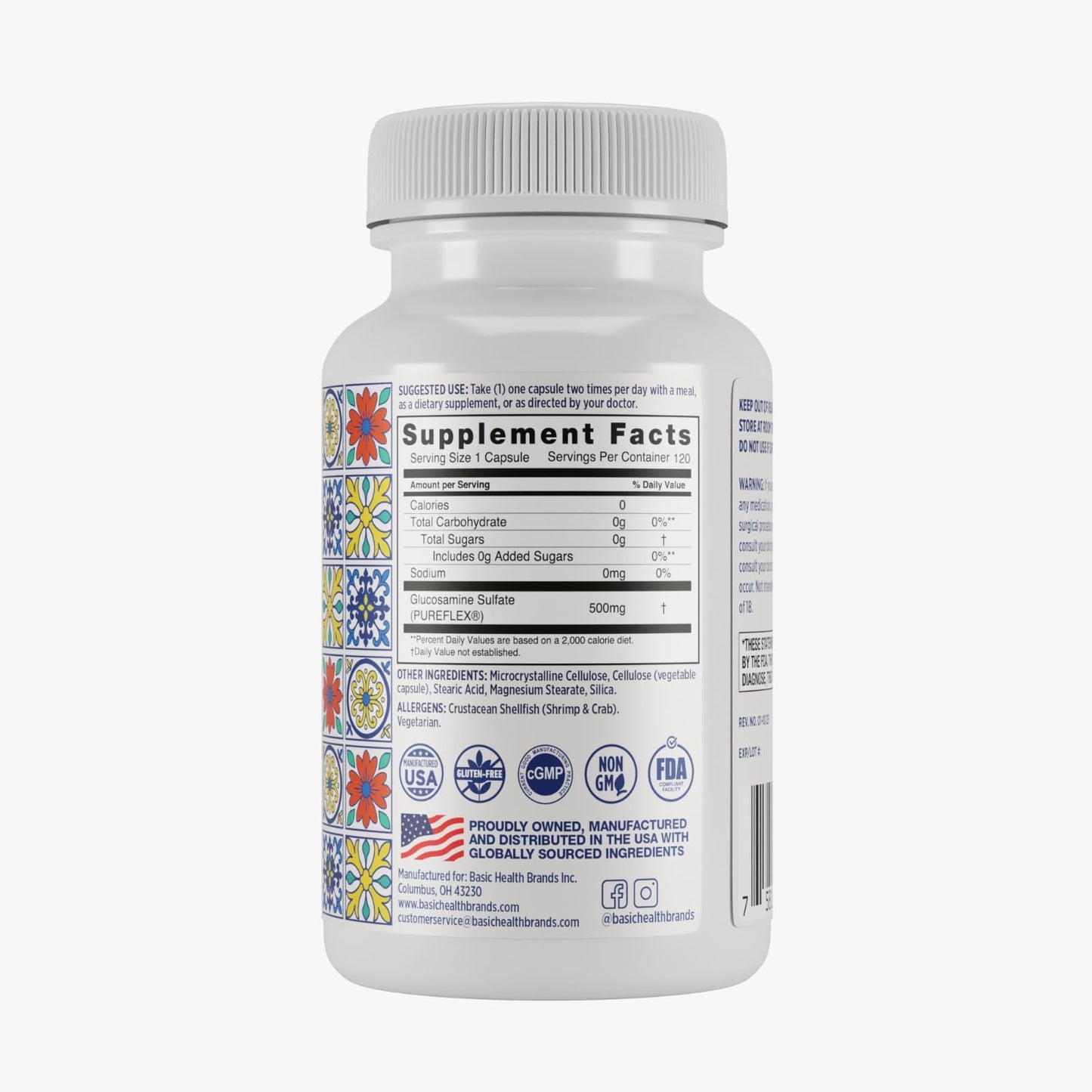 Basic Brands Pura Salud Joint Health supplement bottle showing allergen warnings and usage directions.