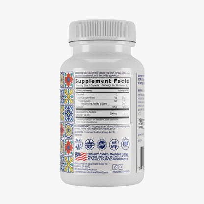 Basic Brands Pura Salud Joint Health supplement bottle showing allergen warnings and usage directions.