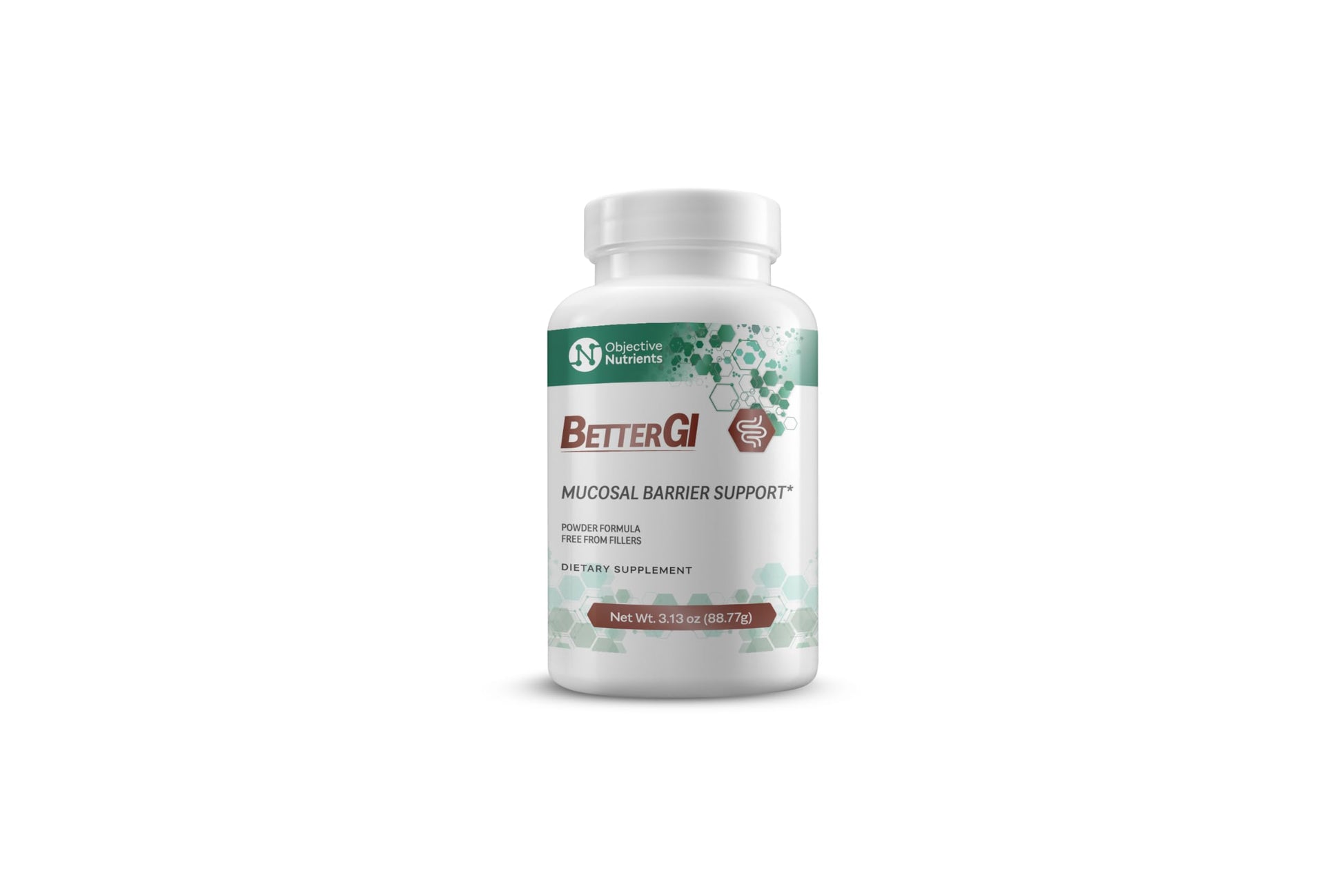 Objective Nutrients BetterGI unflavored supplement container showing ingredient facts