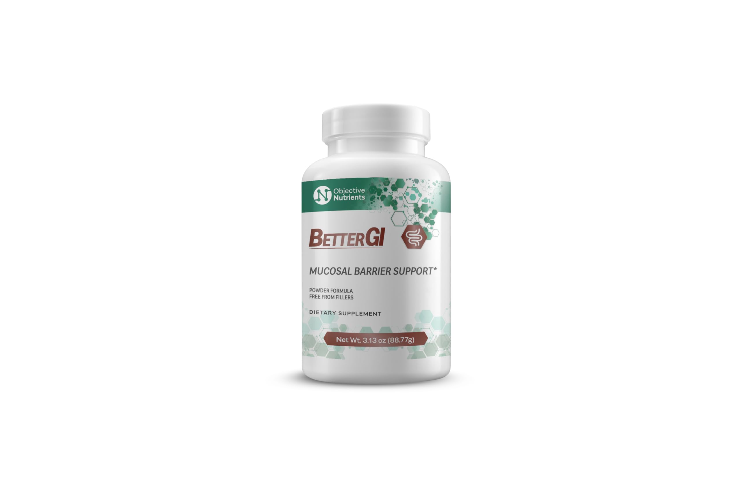 Objective Nutrients BetterGI unflavored supplement container showing ingredient facts