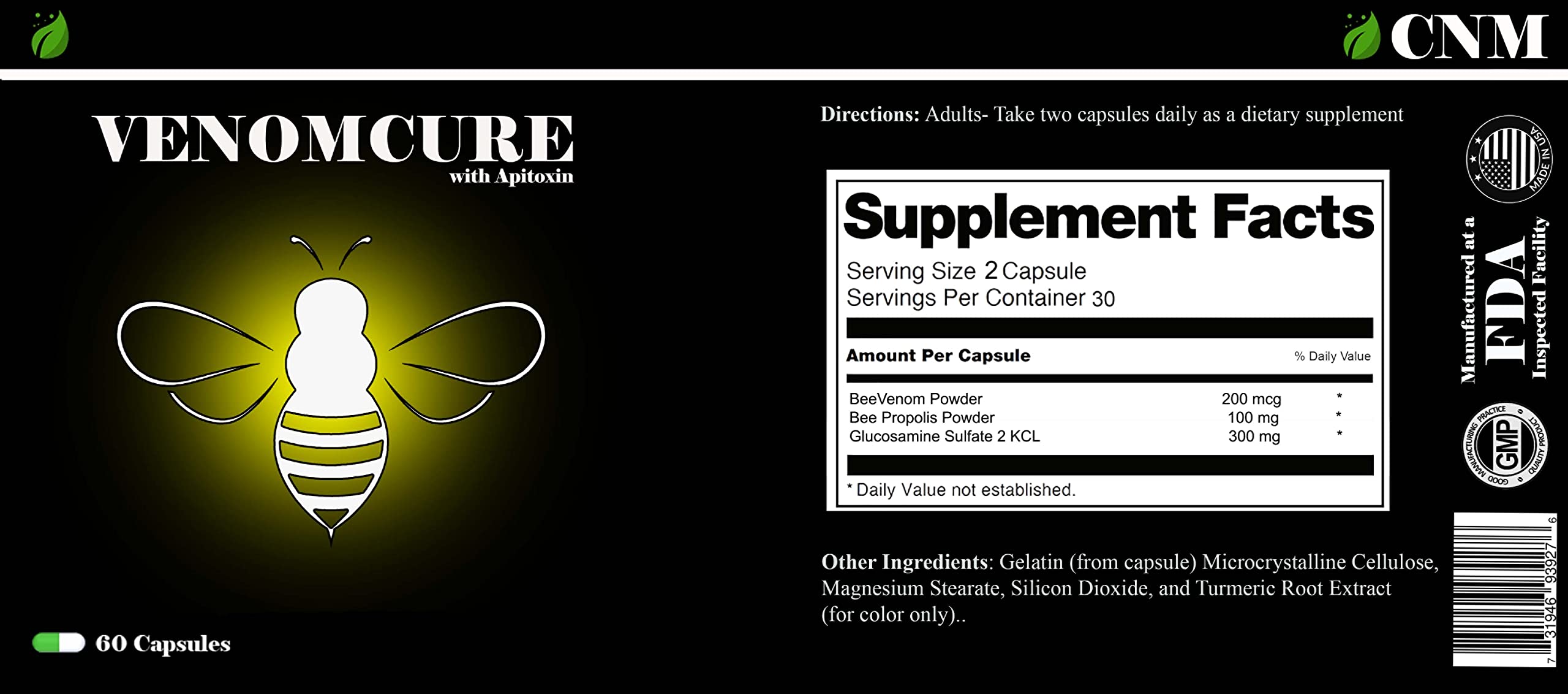 CNM Central Natural Medicine bee venom dietary supplement bottle with ingredient list and warnings