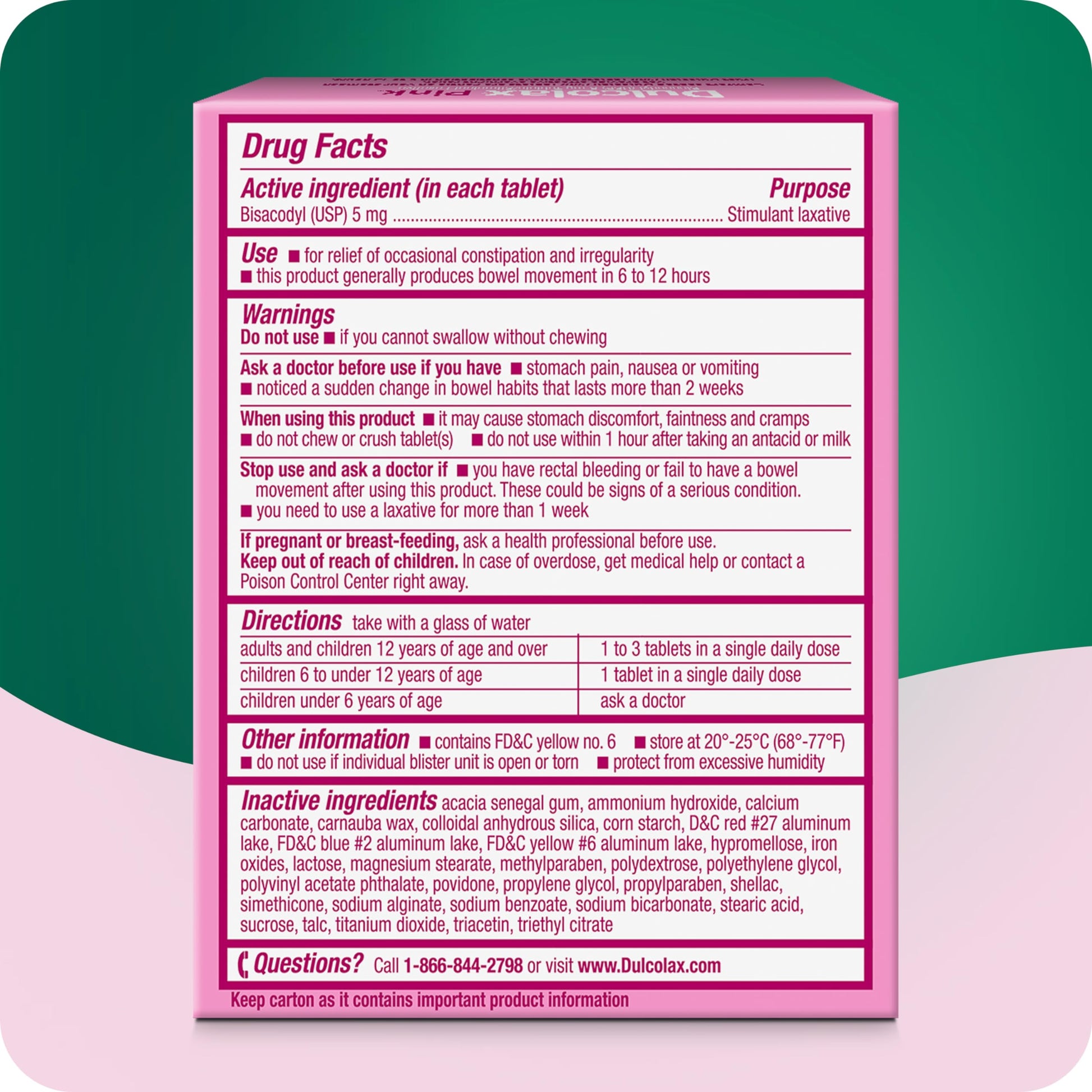 Back of Dulcolax Pink packaging with dosage instructions