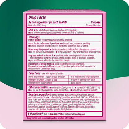 Back of Dulcolax Pink packaging with dosage instructions