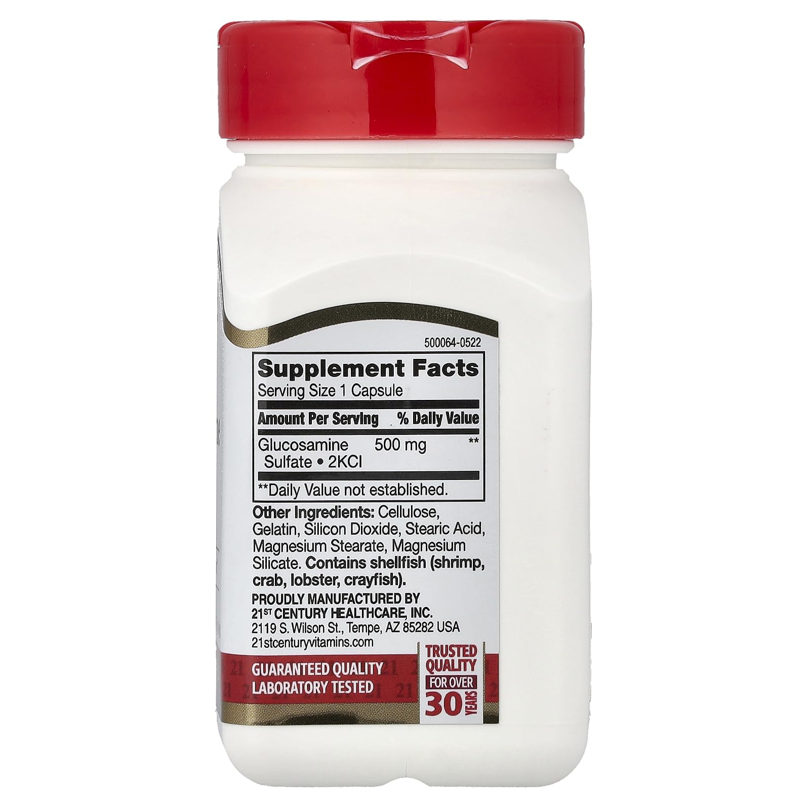 Side angle view of 21st Century Glucosamine Relief packaging highlighting gluten-free and non-GMO labels