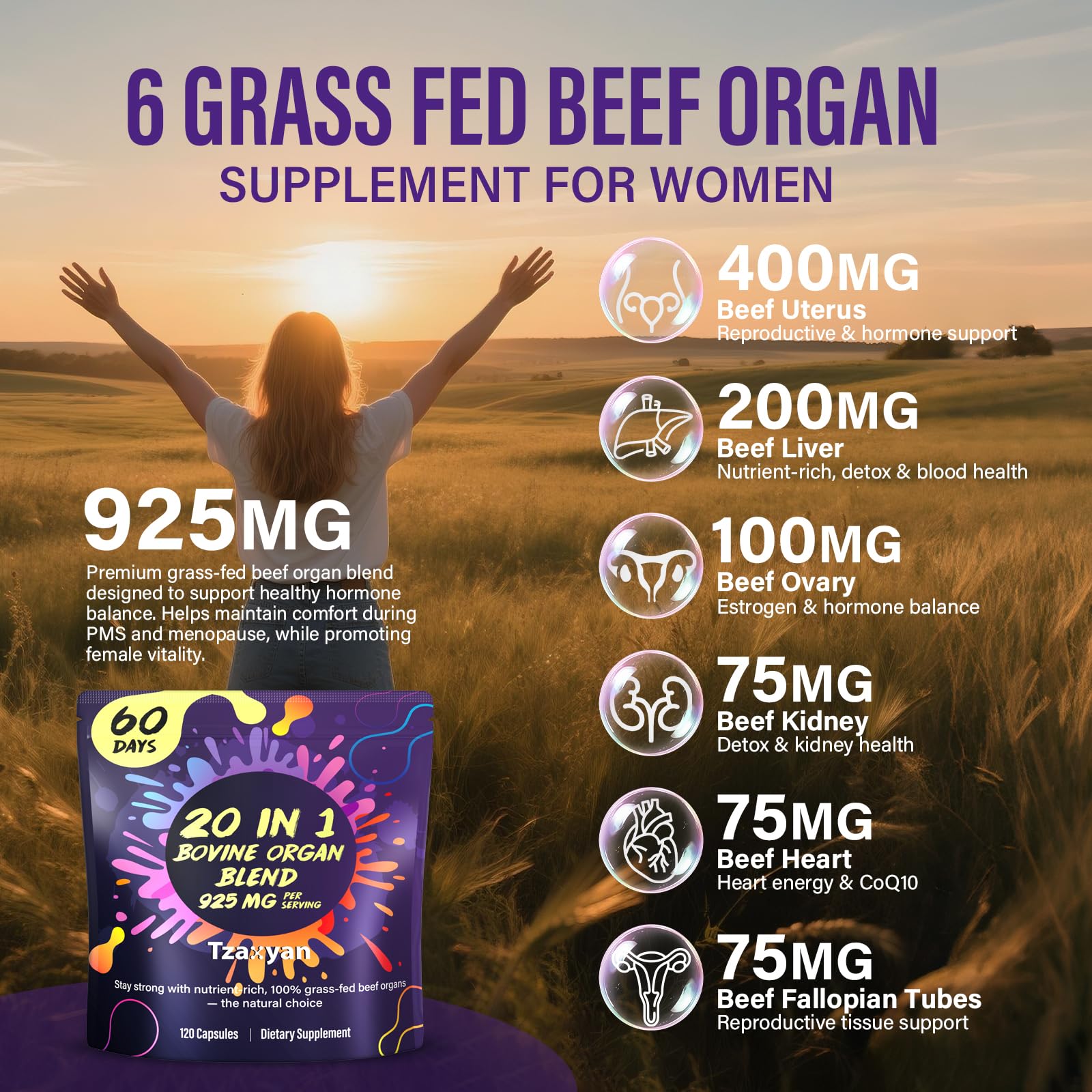 Tzaxyan 20 in 1 herbal complex bottle with grass fed label