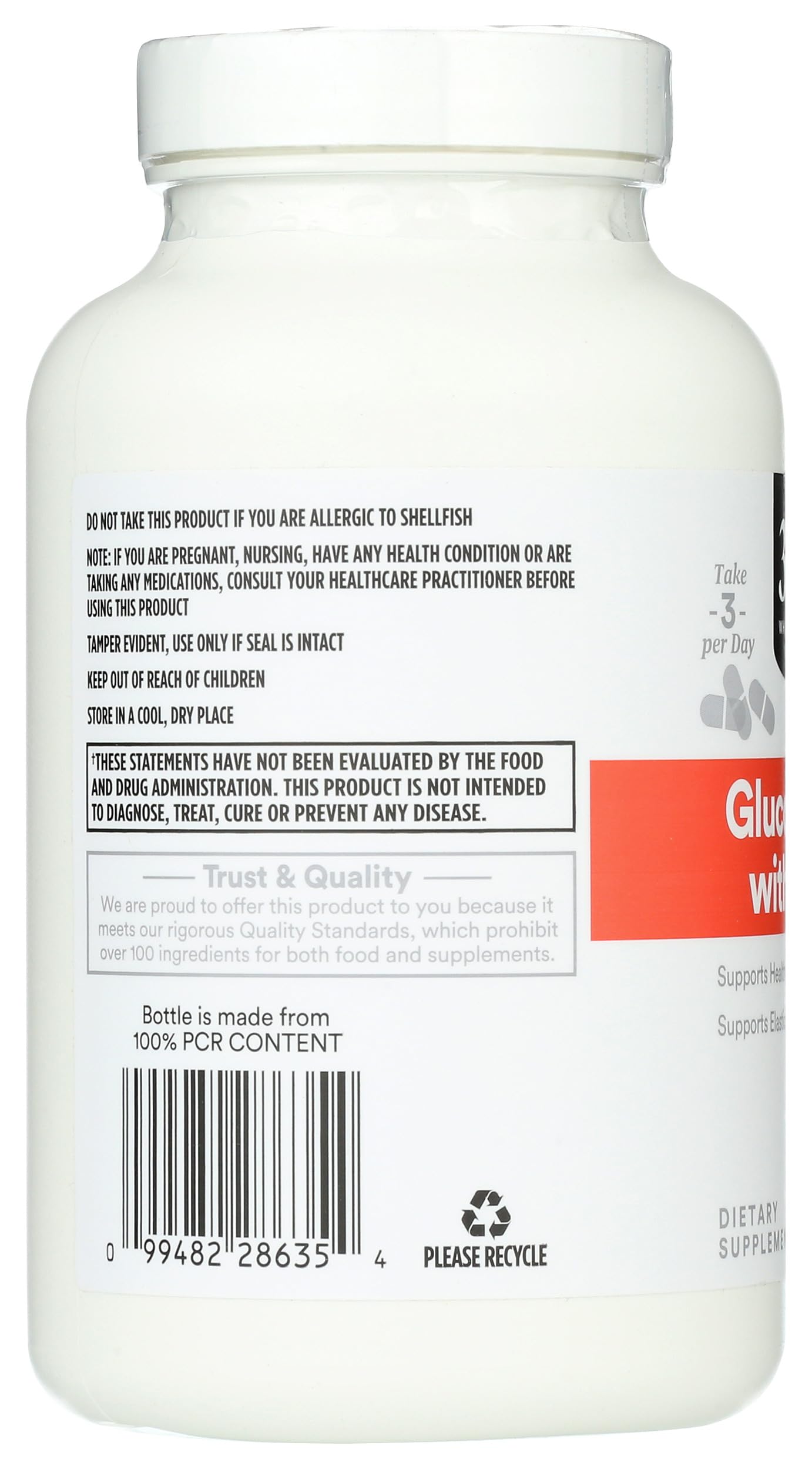Side angle view of 180 count 365 joint tissue elasticity support supplement bottle