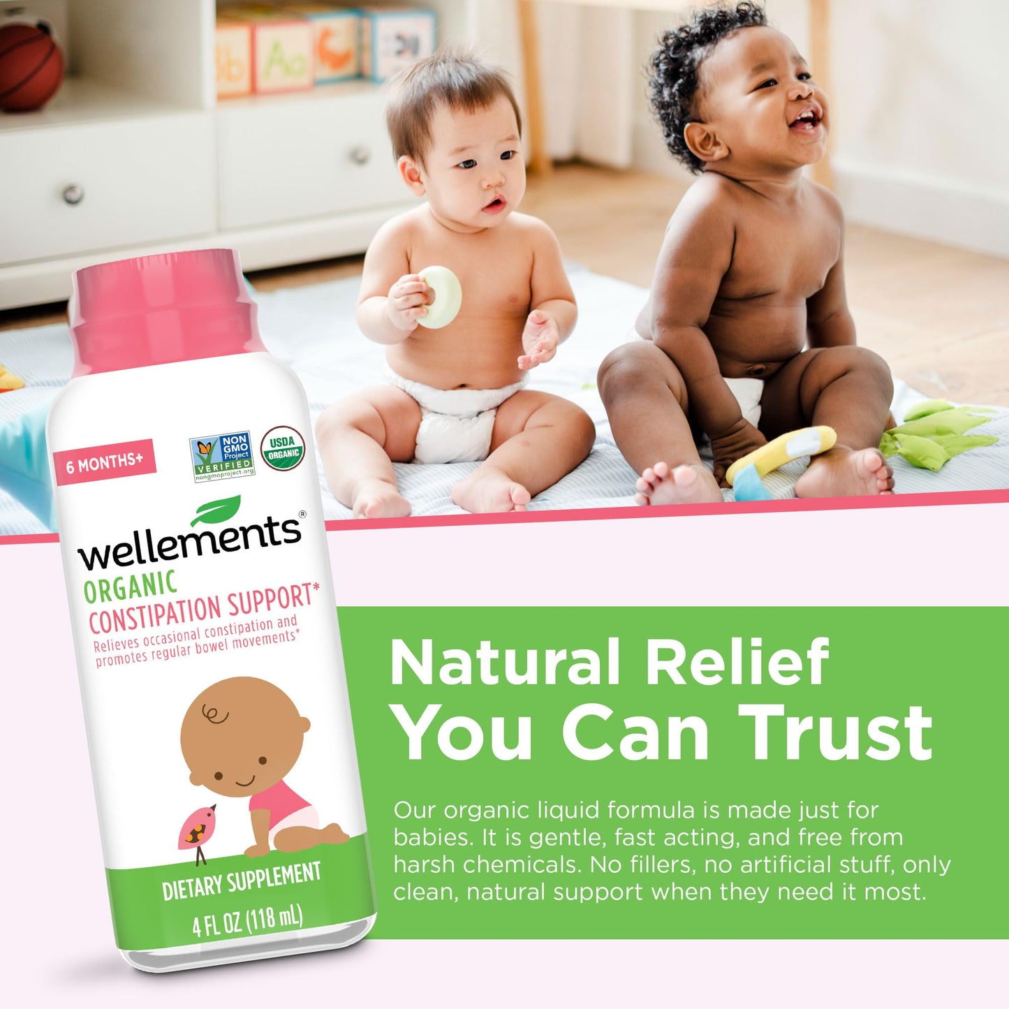 Wellements baby constipation support 4 fluid ounce bottle label