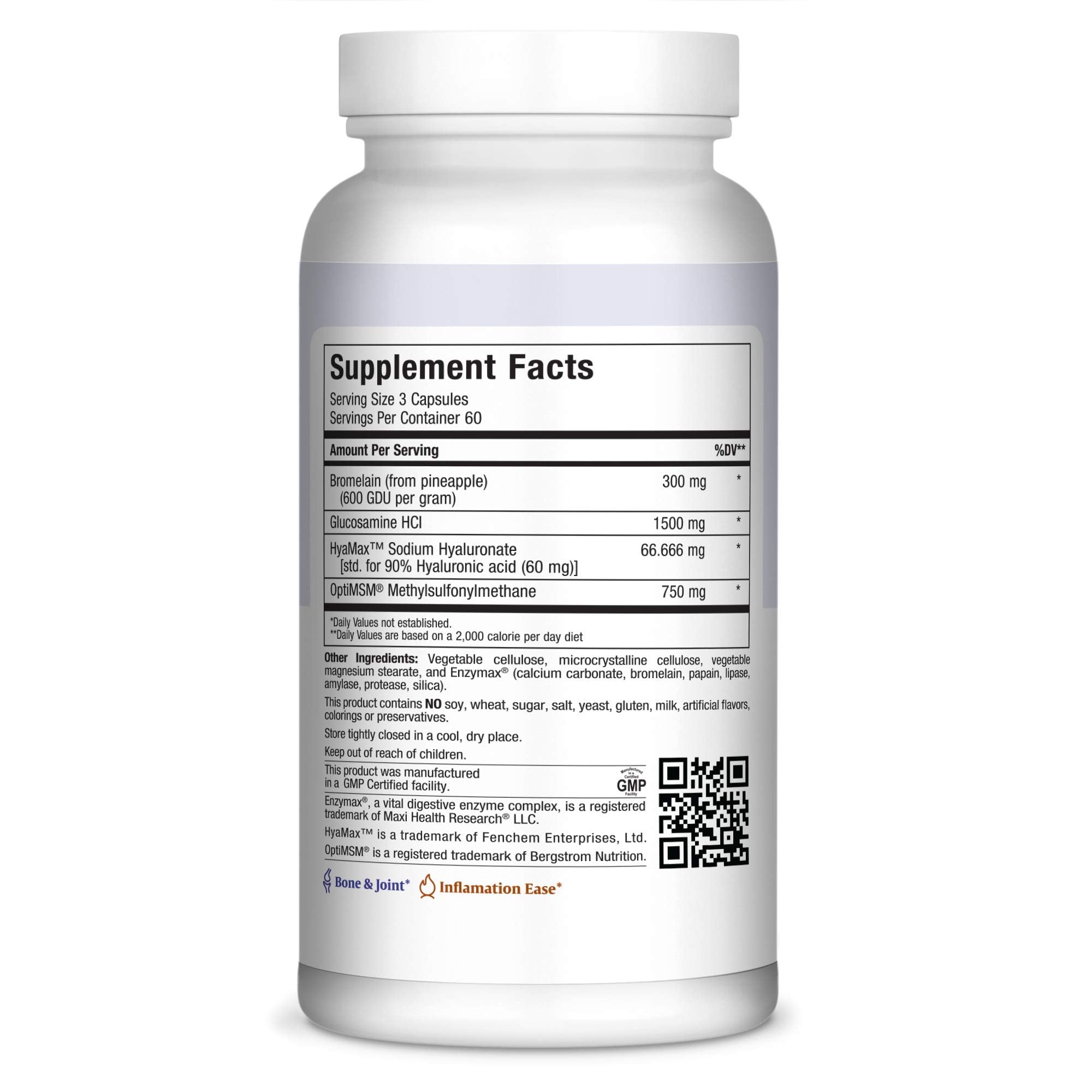 Maxi Health Premium Glucosamine joint formula label showing OptiMSM and Hyaluronic Acid ingredients