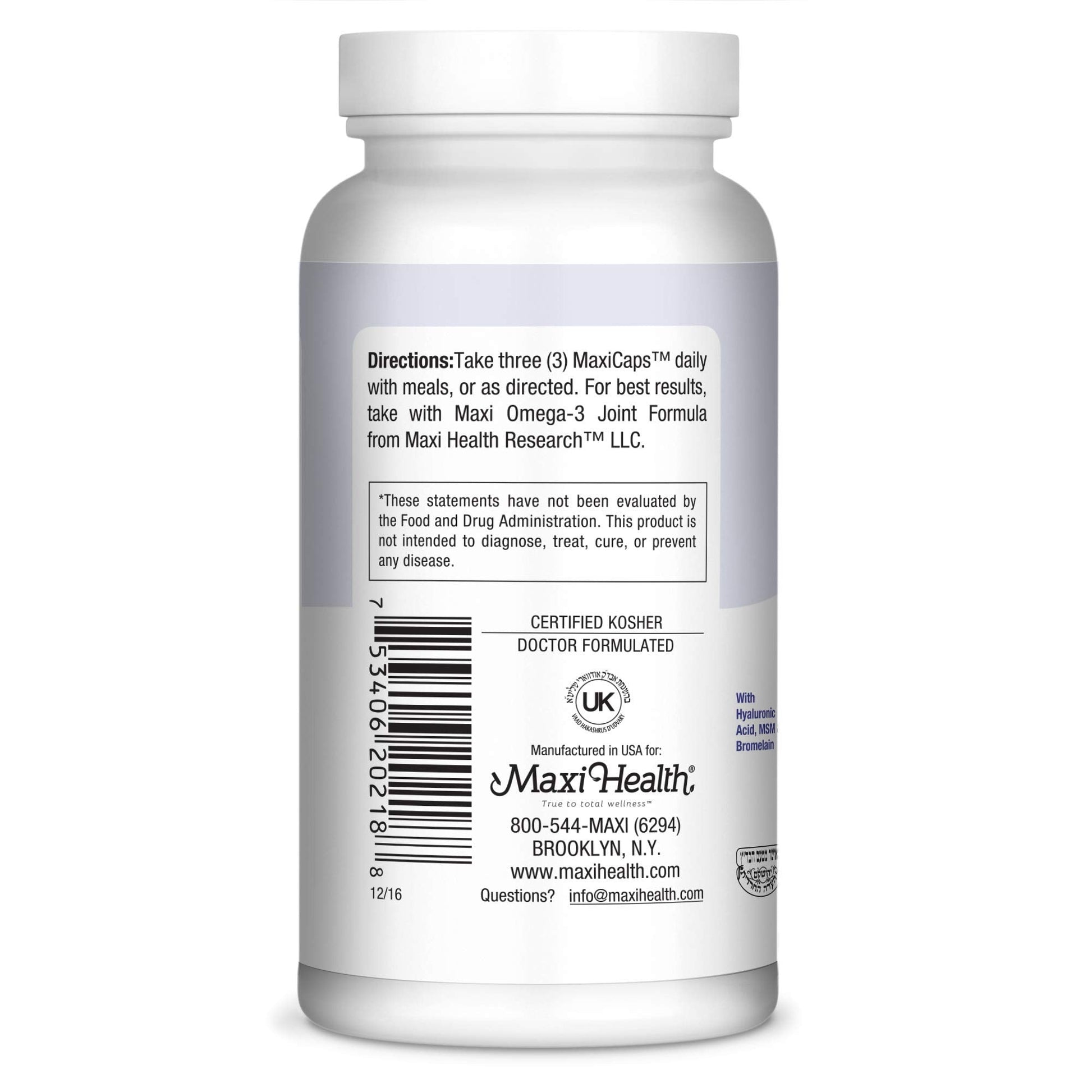 Maxi Health bone and joint support supplement 180 kosher capsules container