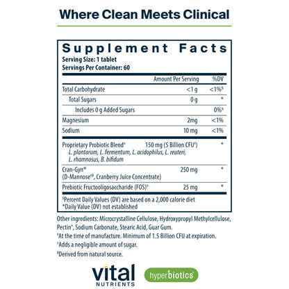 Hyperbiotics Pro Women Probiotics vegan tablets supplement facts and ingredient list label view.