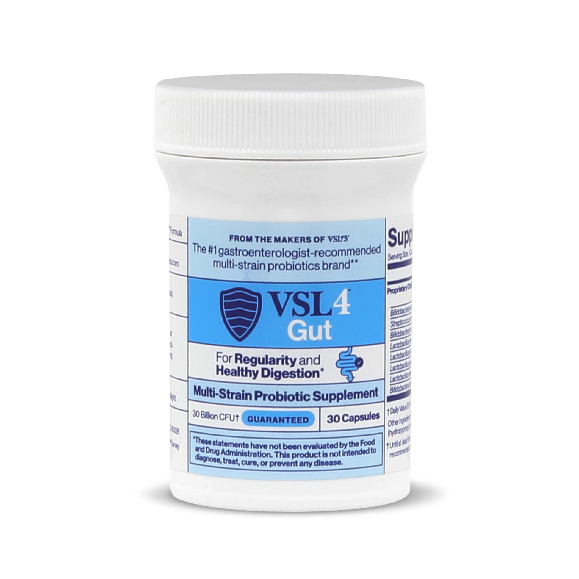 VSL4 Gut 30 Billion CFU supplement bottle displaying the shelf-stable formula label.