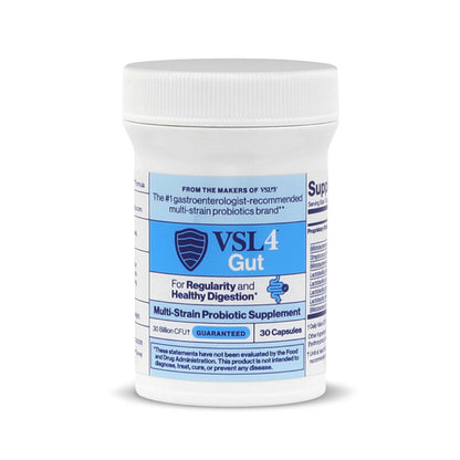 VSL4 Gut 30 Billion CFU supplement bottle displaying the shelf-stable formula label.