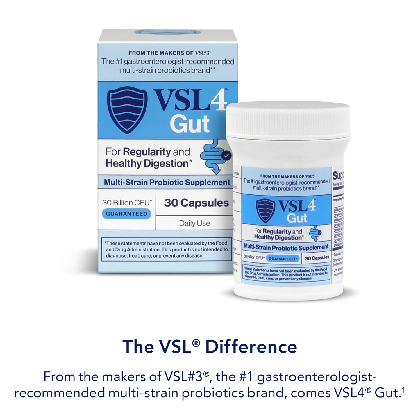 Side angle of VSL4 daily probiotic capsules highlighting the 8-strain gut balance blend.