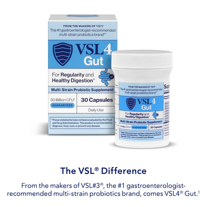 Side angle of VSL4 daily probiotic capsules highlighting the 8-strain gut balance blend.