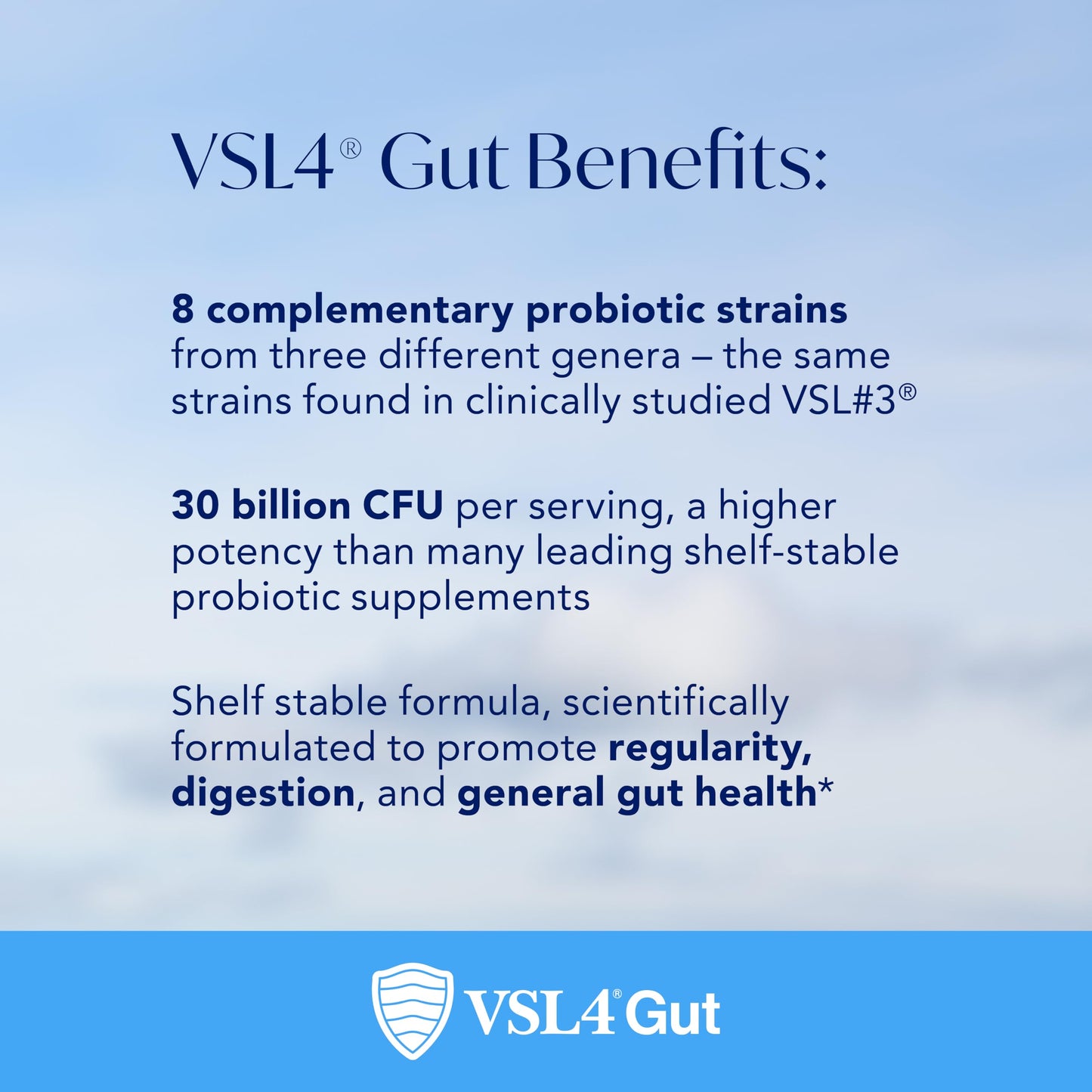 Back label of VSL4 Gut supplement showcasing clean, gluten-free and dairy-free ingredients.