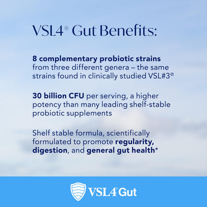 Back label of VSL4 Gut supplement showcasing clean, gluten-free and dairy-free ingredients.