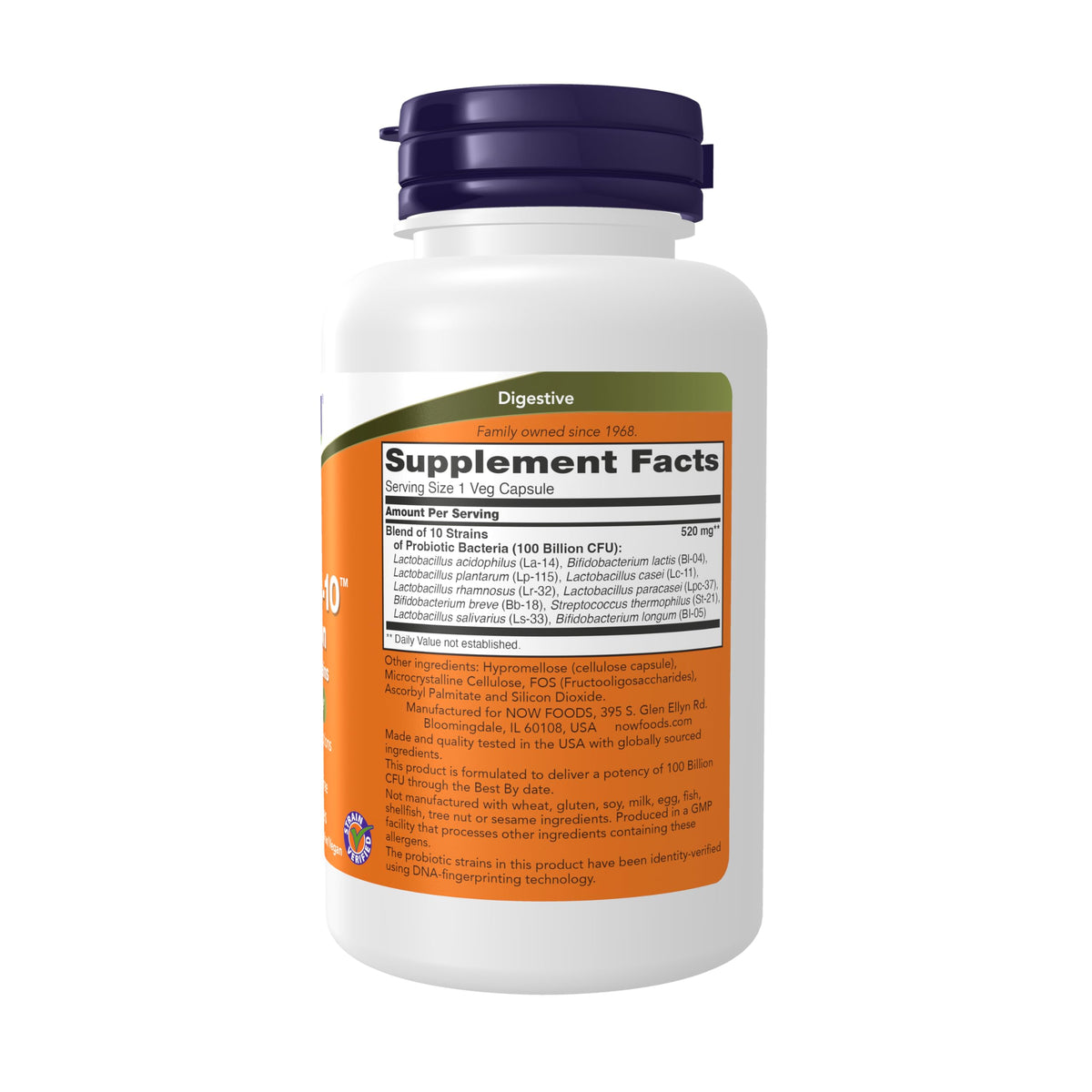 Now Foods Probiotic-10 supplement bottle back label with ingredients and directions