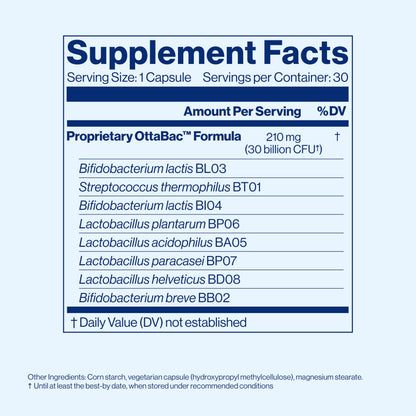 VSL4 digestive comfort capsules standing upright on a clean retail display surface.