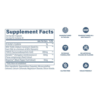 Close-up of Revive MD advanced liver management formula capsules beside the bottle