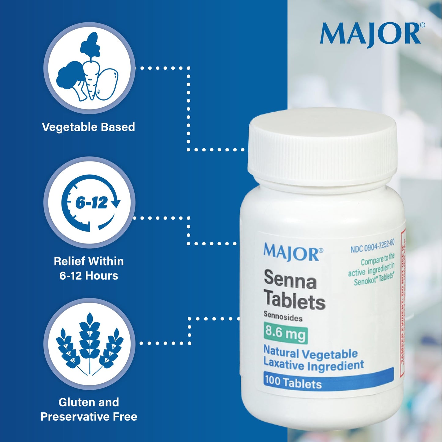 Close up of Major Senna natural laxative tablets