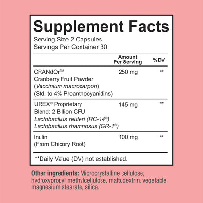 Sunergetic women's probiotics bottle displaying clinical UREX strain details and cranberry extract benefits