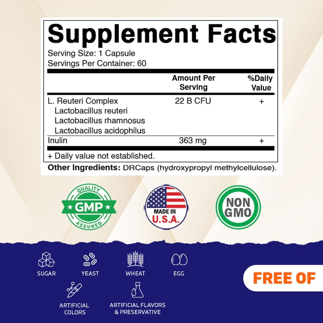 Side label view of Vitamatic probiotic supplement highlighting ingredient list and directions.