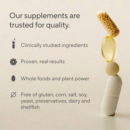 Sunergetic premium women's care bottle highlighting the 30 day supply of sixty capsule count
