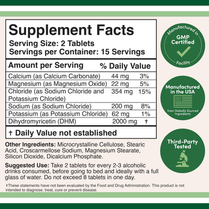Authentic premium dihydromyricetin 1000 mg tablets with electrolytes for hydration