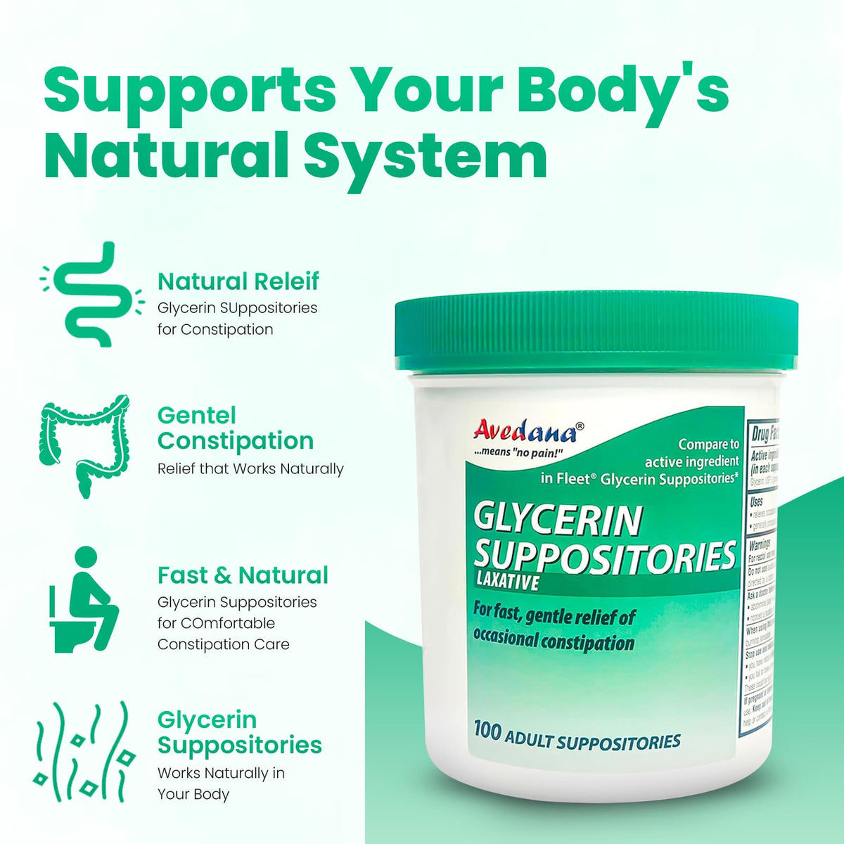 Avedana two gram glycerin suppositories packaging showing drug facts and ingredients list