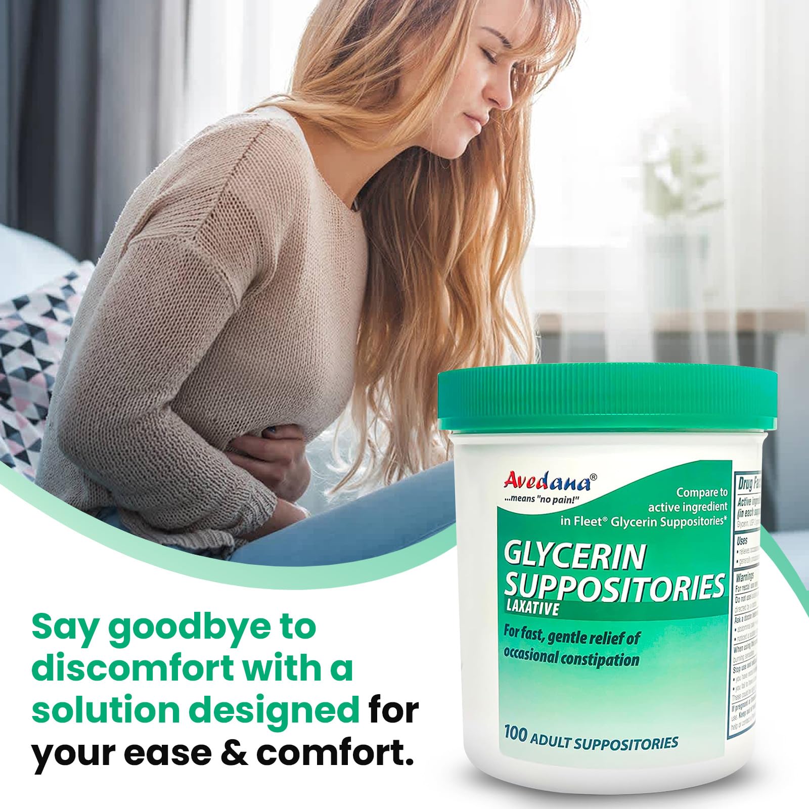 Avedana fast and gentle relief suppositories side panel with complete usage directions