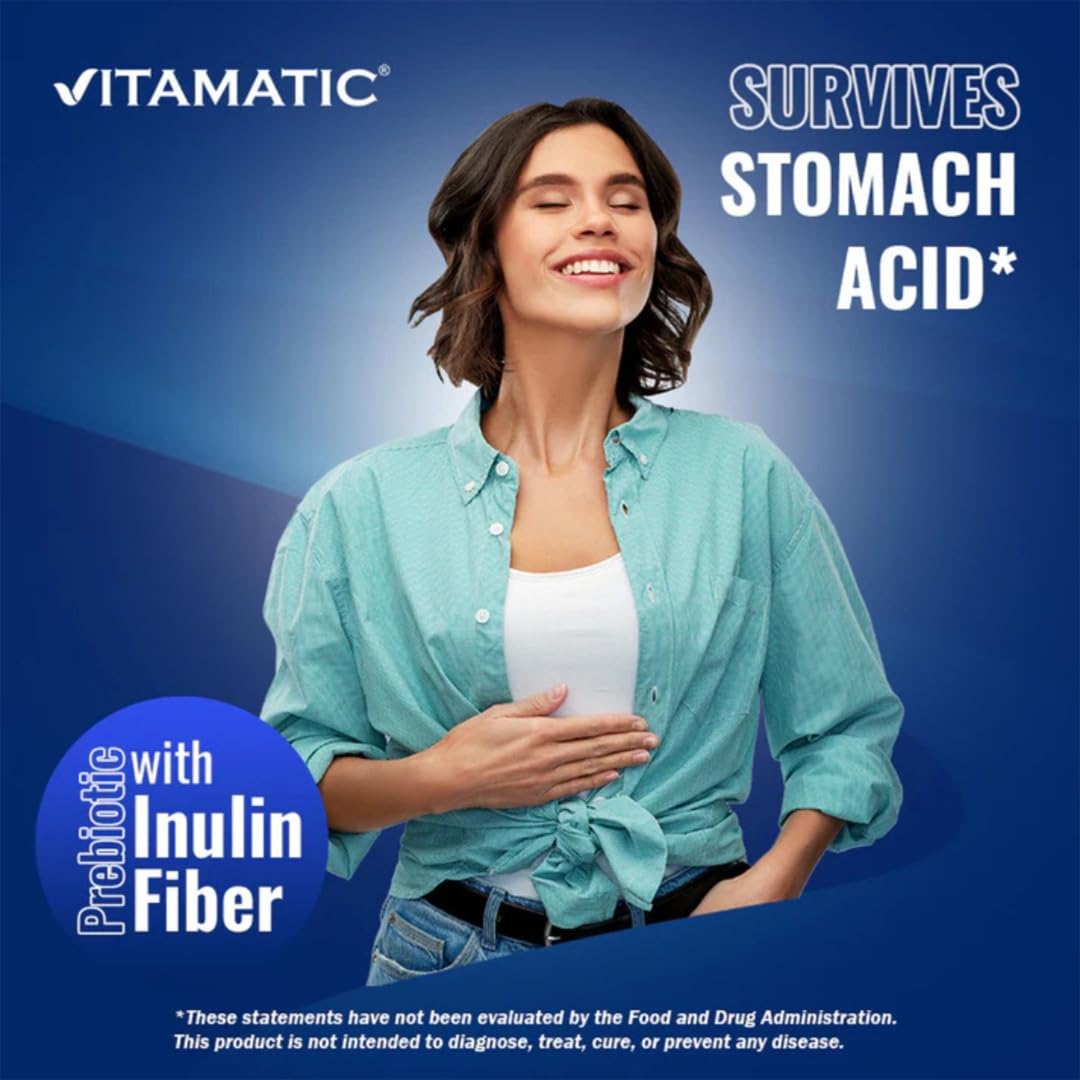 Side view of Vitamatic 22 billion CFU probiotic complex bottle highlighting daily usage instructions
