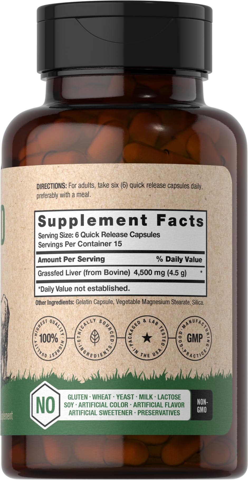 Horbaach desiccated beef liver dietary supplement bottle label info