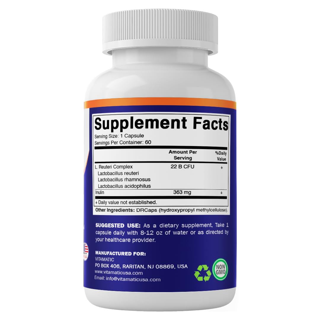 Vitamatic digestive wellness supplement packaging emphasizing the synbiotic combination of probiotics and prebiotics