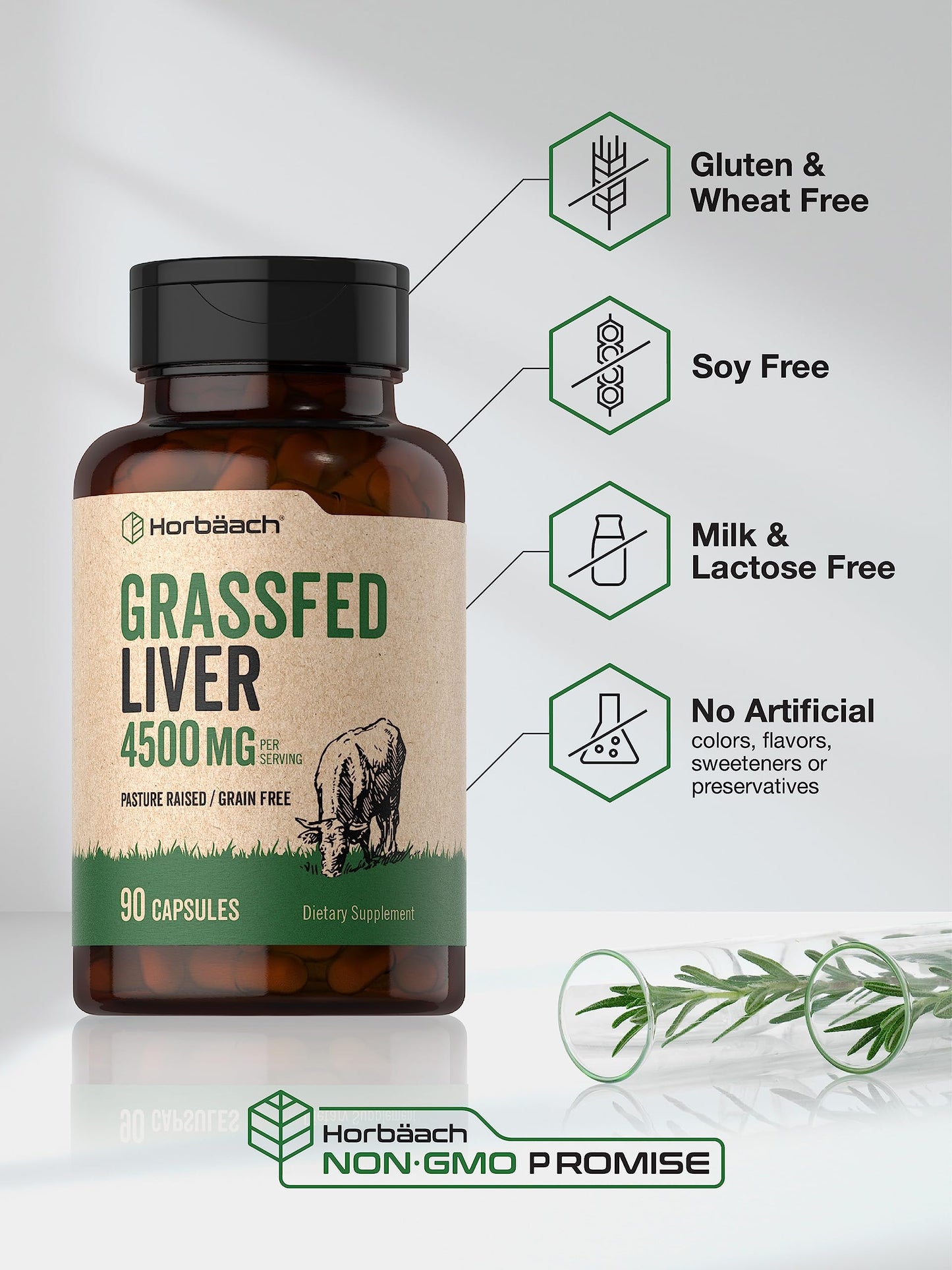 Horbaach non GMO gluten free beef liver capsules side panel details