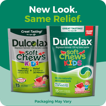 Dulcolax Kids soft chews bottle label showing 1200 mg dosage
