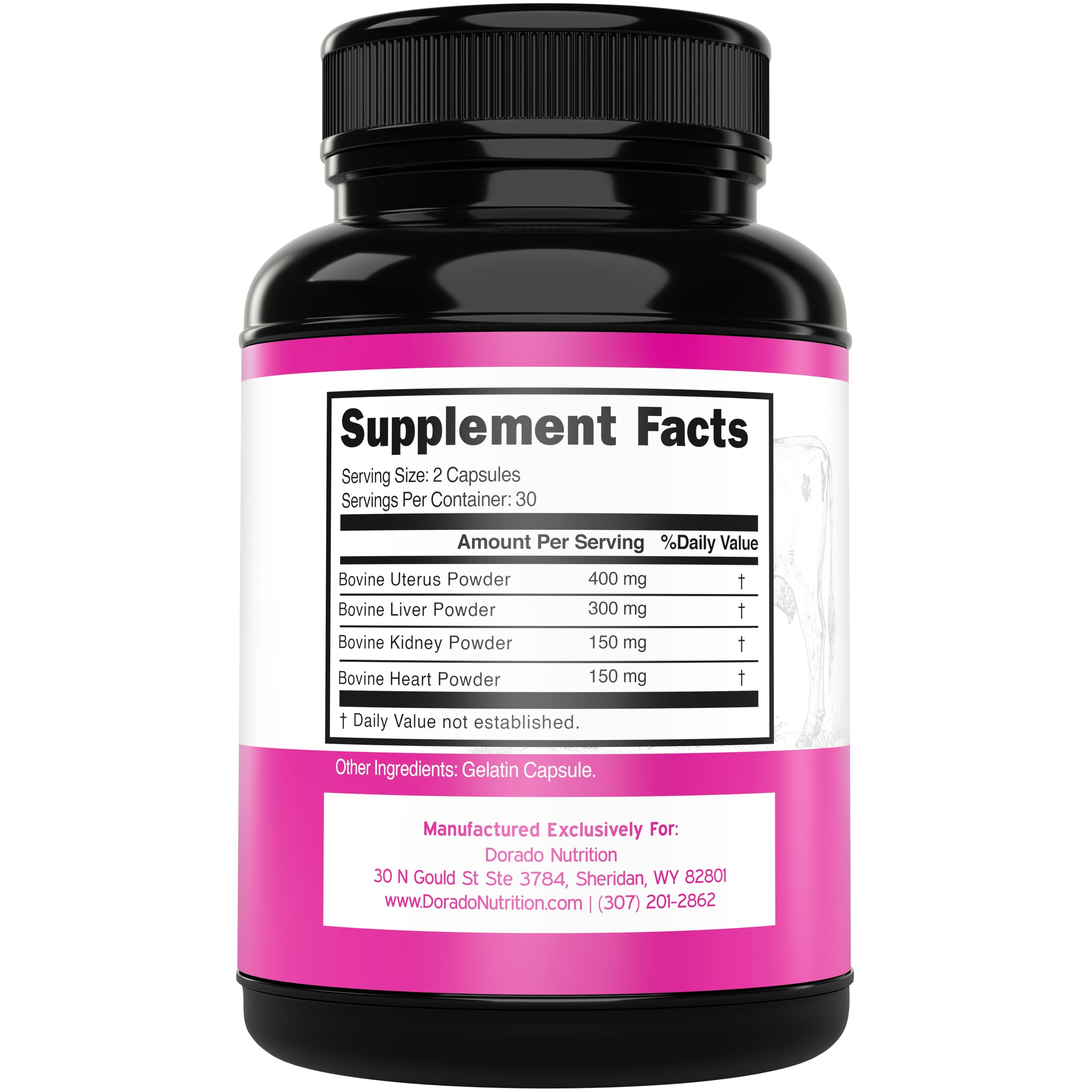 Dorado Nutrition beef organ supplement for women nutritional facts panel detailing the 1000mg bovine blend per serving.