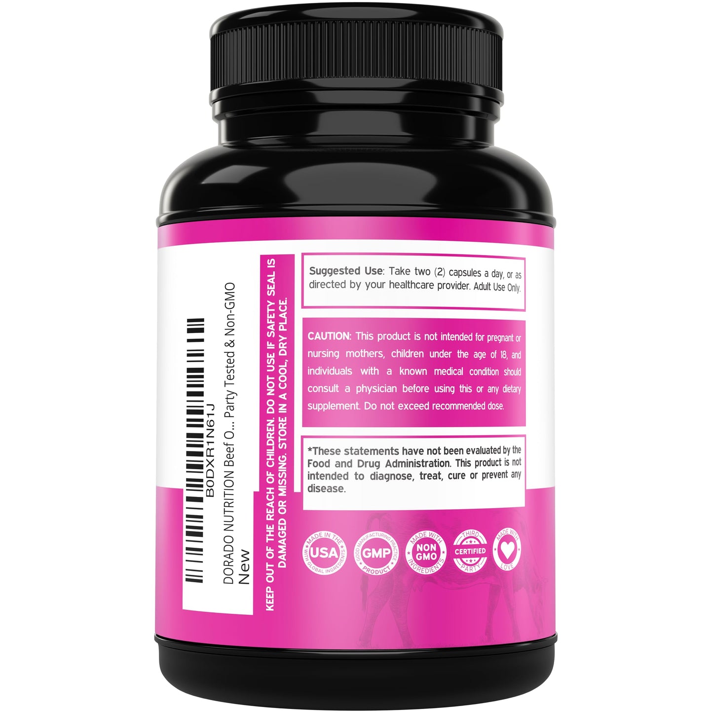 Dorado Nutrition pasture raised beef liver heart kidney uterus supplement capsules displayed next to the bottle.