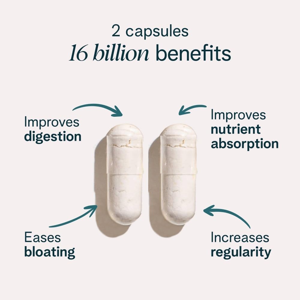 Sixteen billion CFU daily synbiotic formula capsule details for bloating relief.