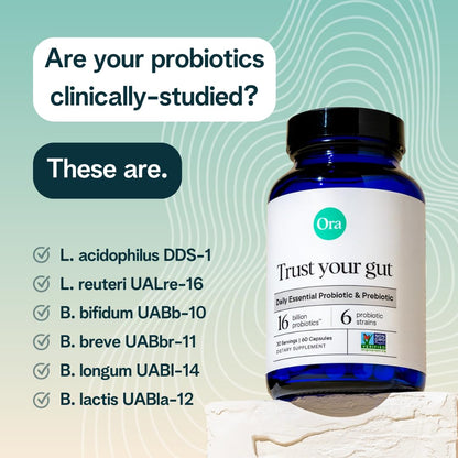 Vegan and dairy free gut health supplement by Ora Organic back label info.