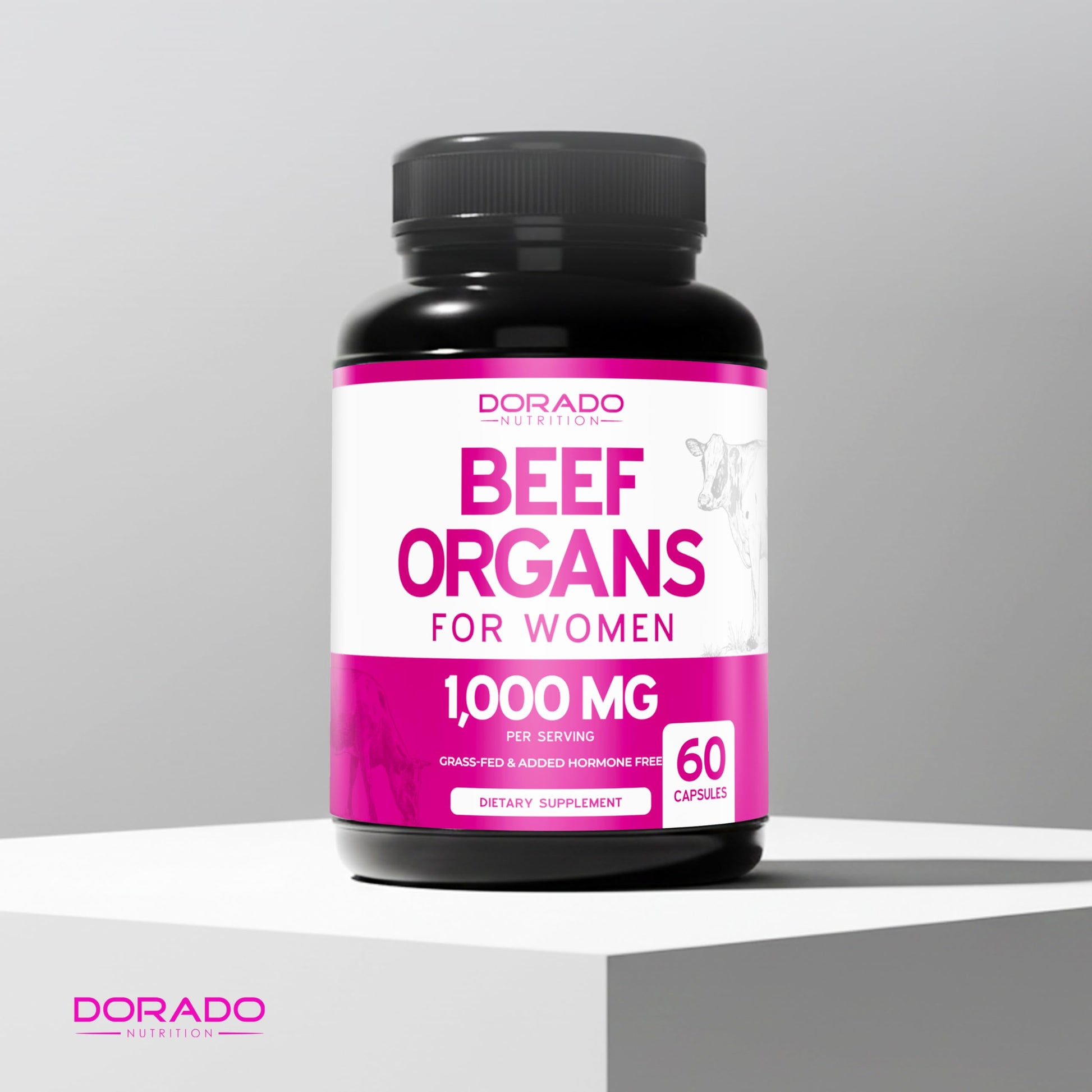 Dorado Nutrition non GMO grass fed beef organ supplement for women 30 day supply bottle container.