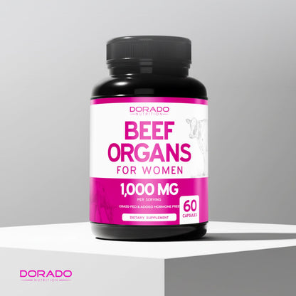 Dorado Nutrition non GMO grass fed beef organ supplement for women 30 day supply bottle container.