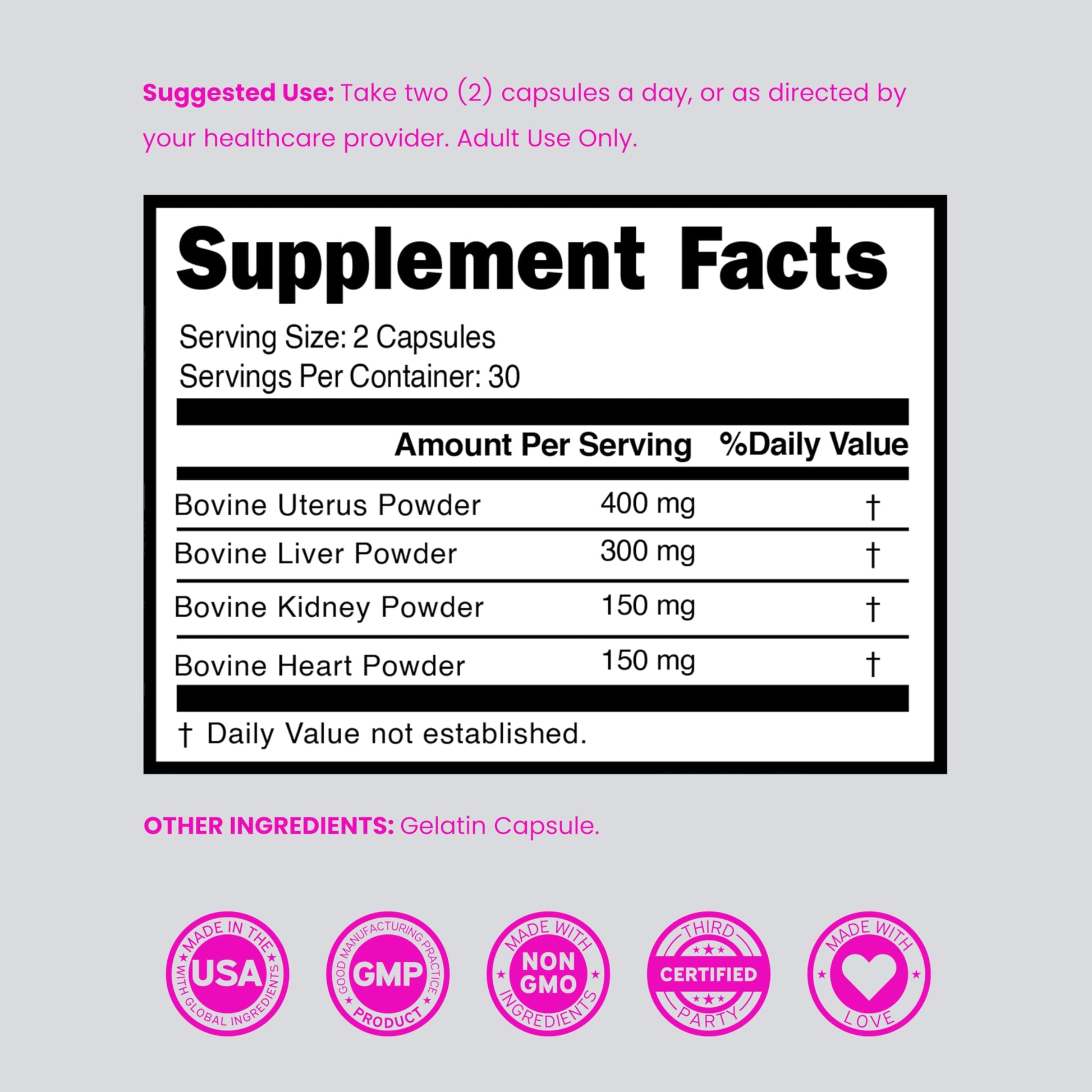 Dorado Nutrition women's health dietary supplement made in USA label details highlighting pure ingredients.