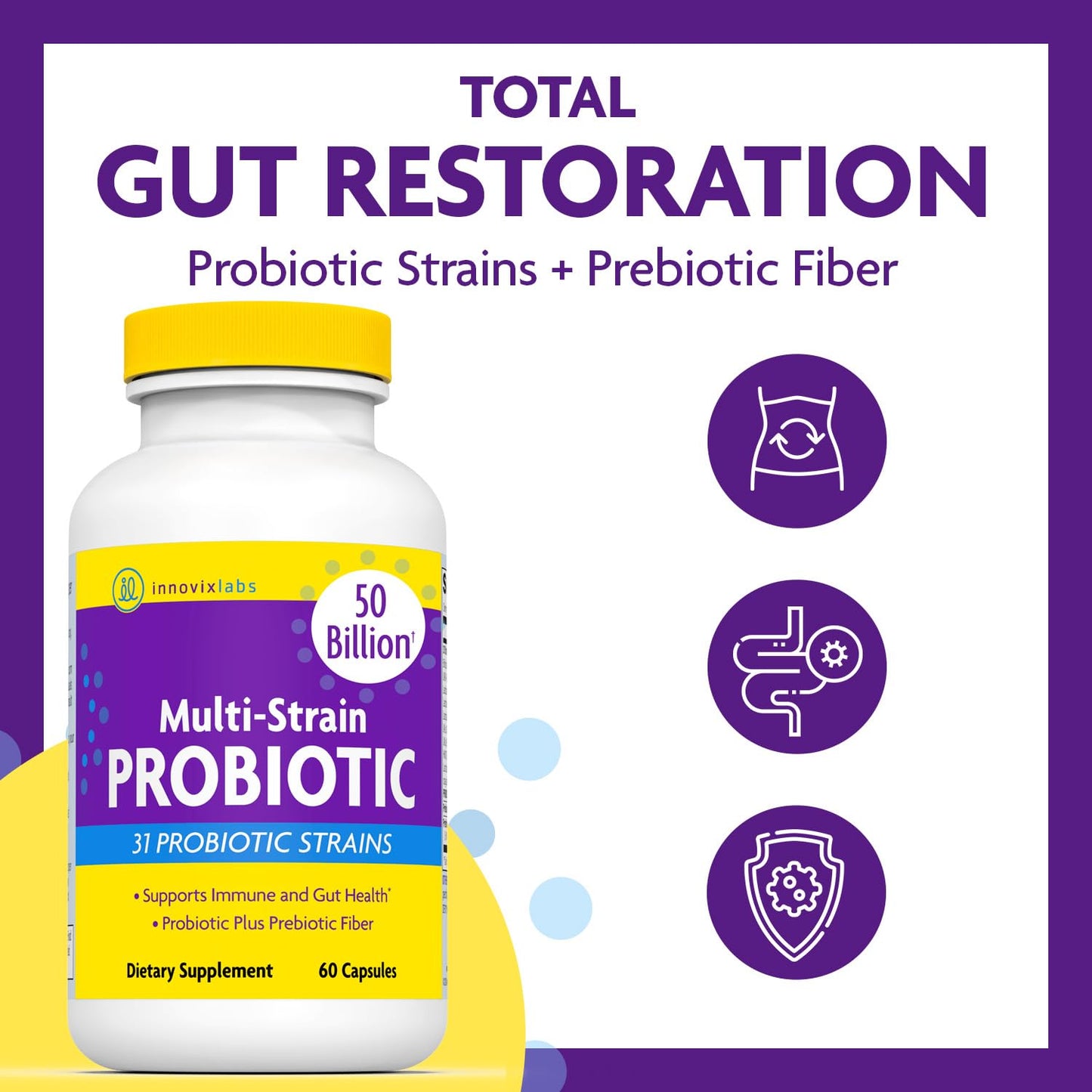 InnovixLabs probiotic supplement bottle label listing the thirty-one diverse beneficial bacteria strains.