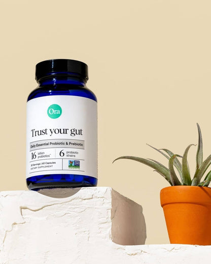 Acid resistant probiotic strains for bloating and constipation relief bottle angle.