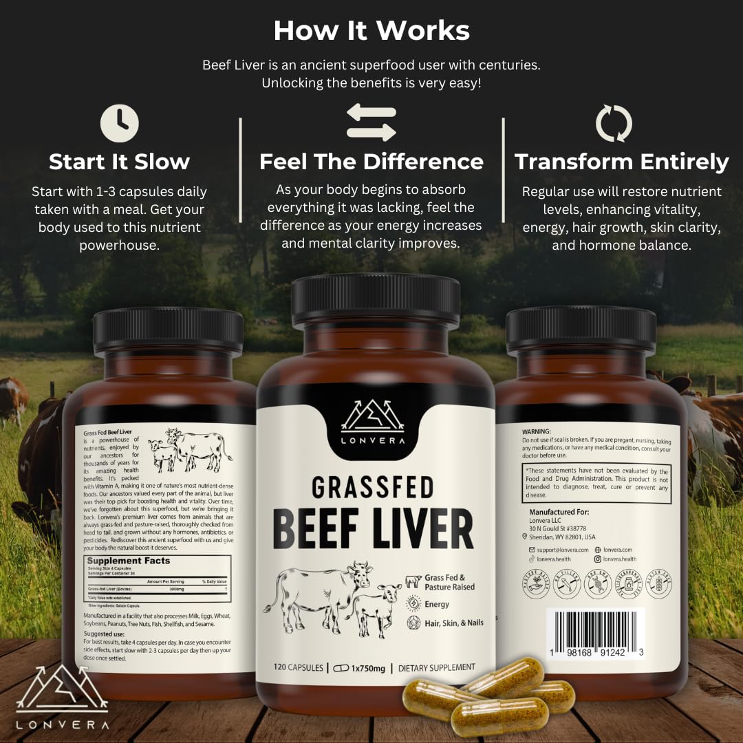 Lonvera freeze dried organ capsules showing pasture raised cattle sourcing