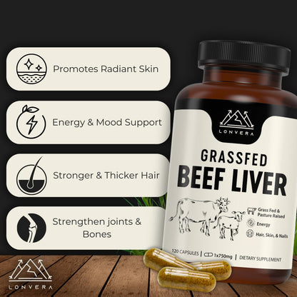 Side angle view of Lonvera grass fed beef liver dietary supplement