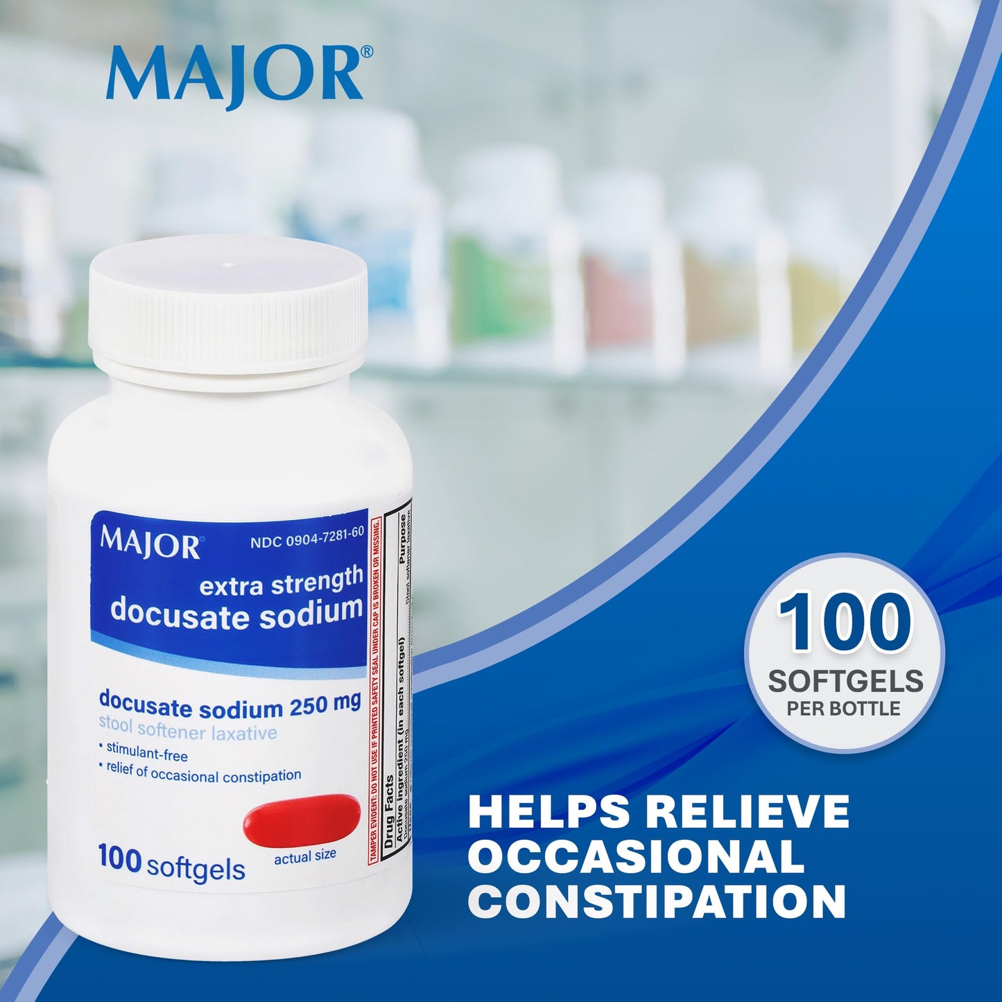 Close up of Major Docusate Sodium 250 mg supplement facts label