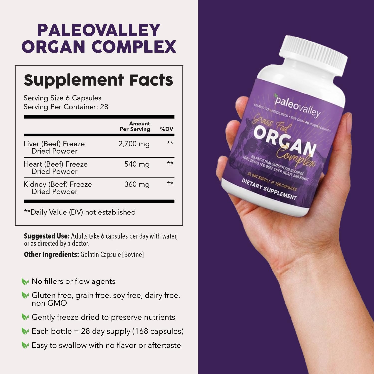 Paleovalley freeze dried beef organ supplement supplement facts label view