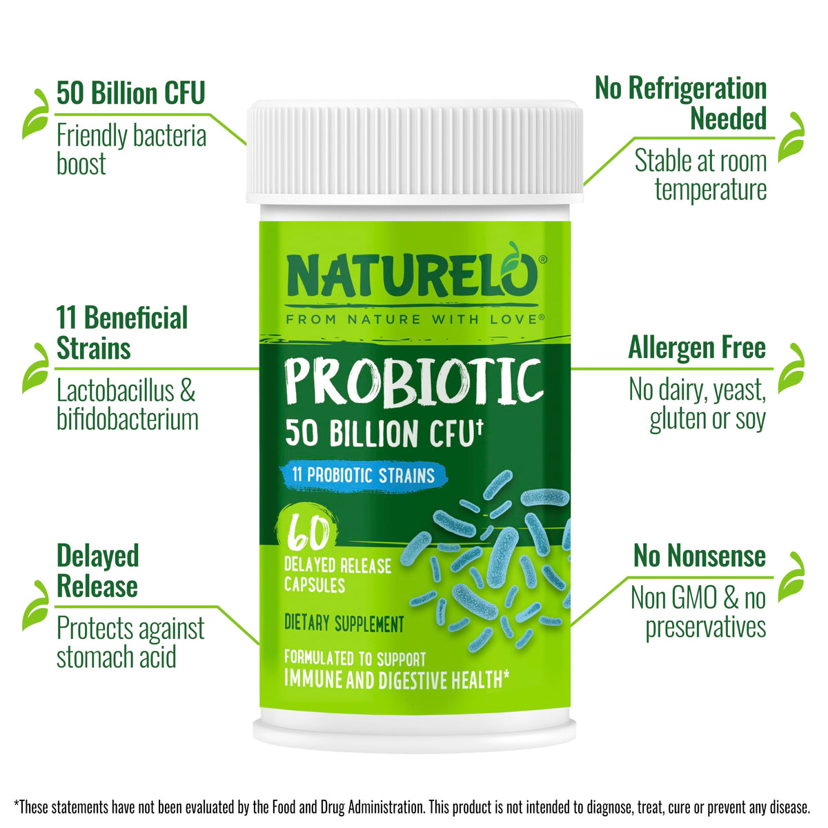 Naturelo probiotic 50 billion CFU supplement label details
